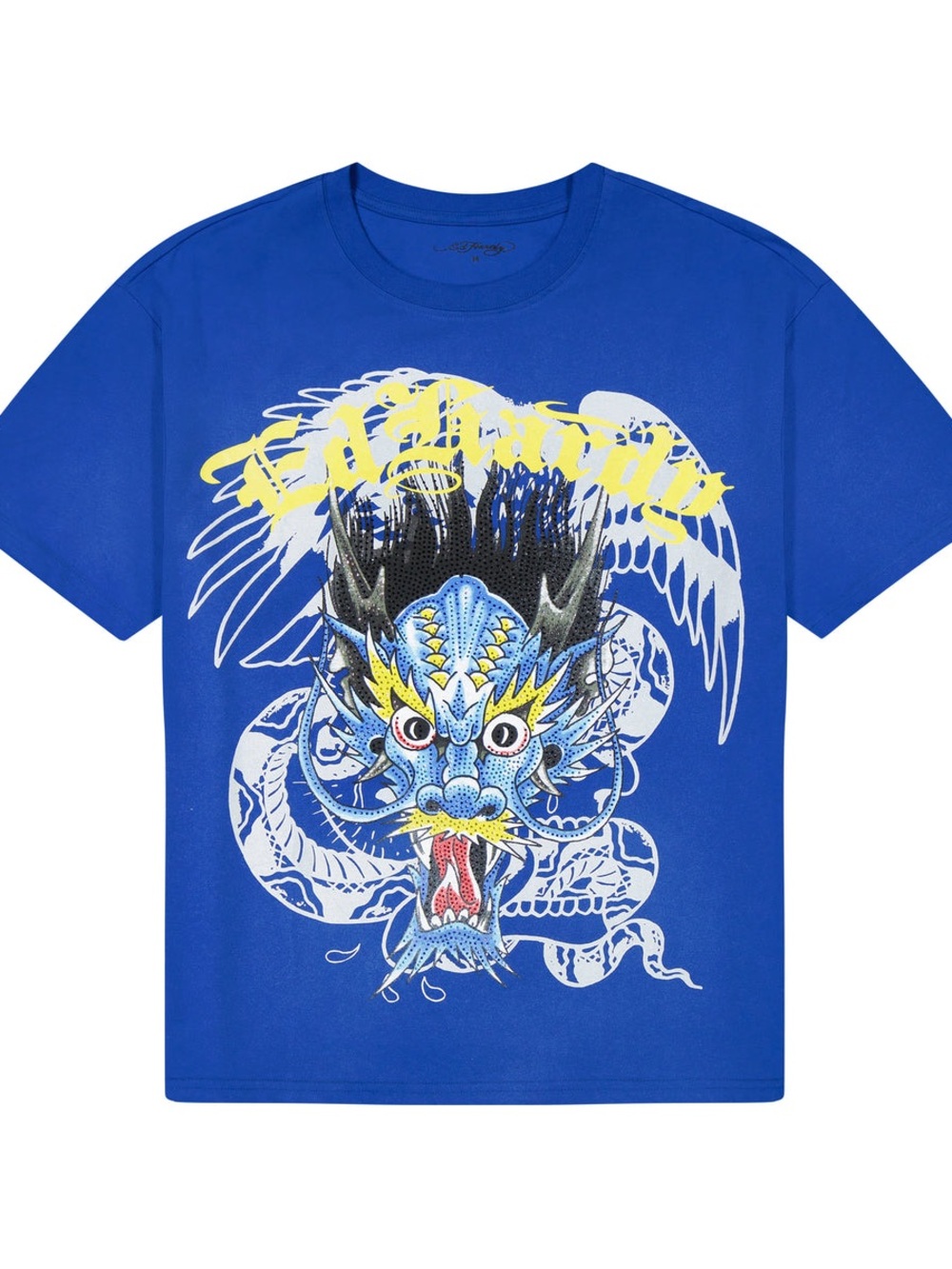 Ed Hardy Royal Blue Dragon Graphic Tee with Yellow Accents